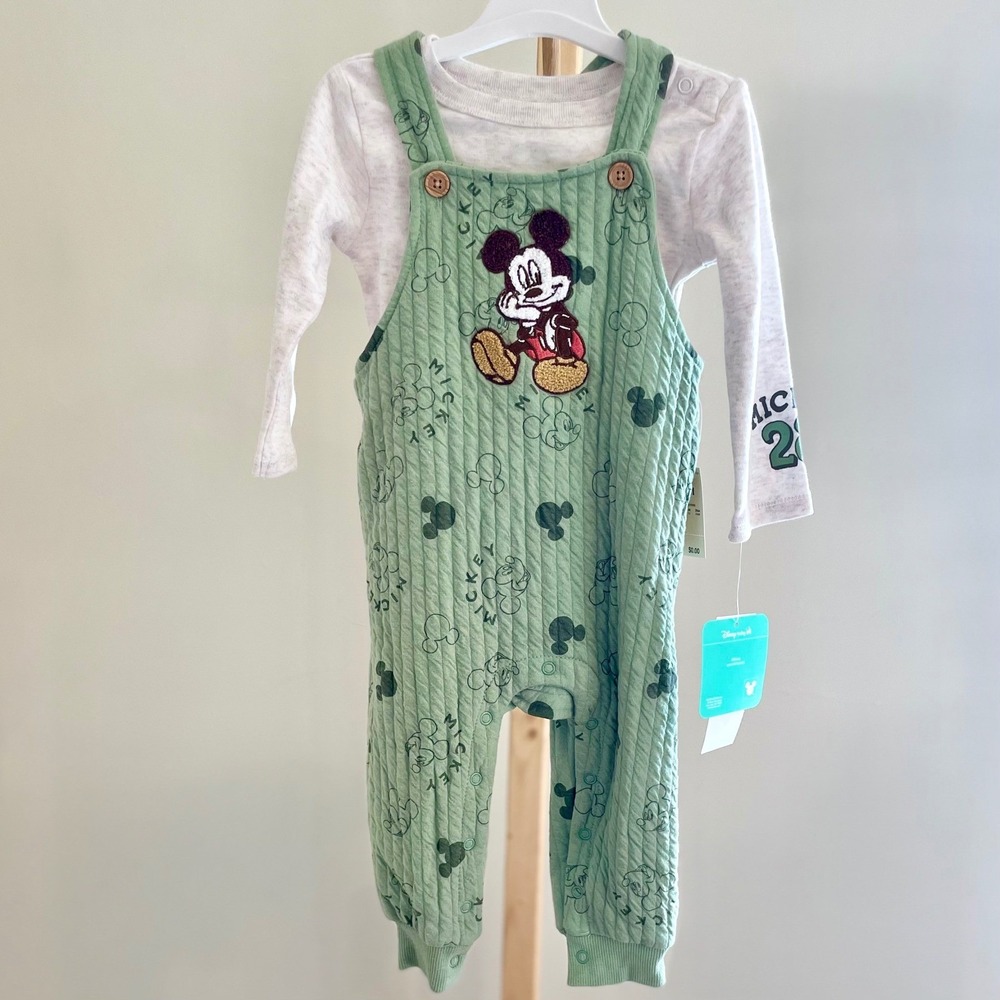 Disney Baby Mickey Mouse‎ Quilted Overalls and Bodysuit Set Green Grey 18M NWT